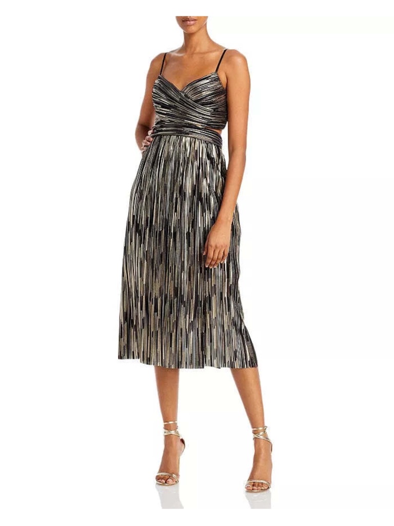 Nwt Aidan Mattox Metallic Striped Midi Dress In Black And Gold